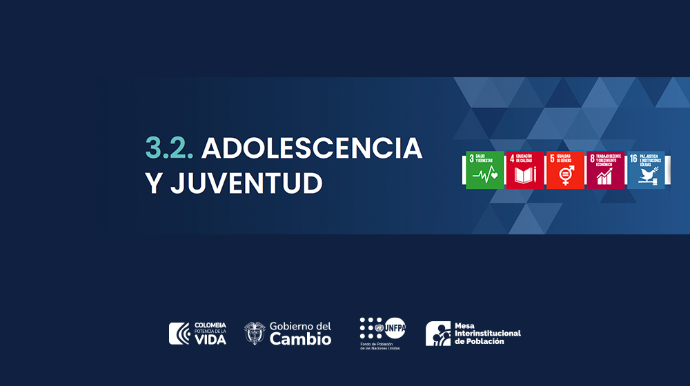 Cuatro logos (ODS, Gobierno, UNFPA  y Mesa Interinstitucional de Población) con título Adolescencia y Juventud