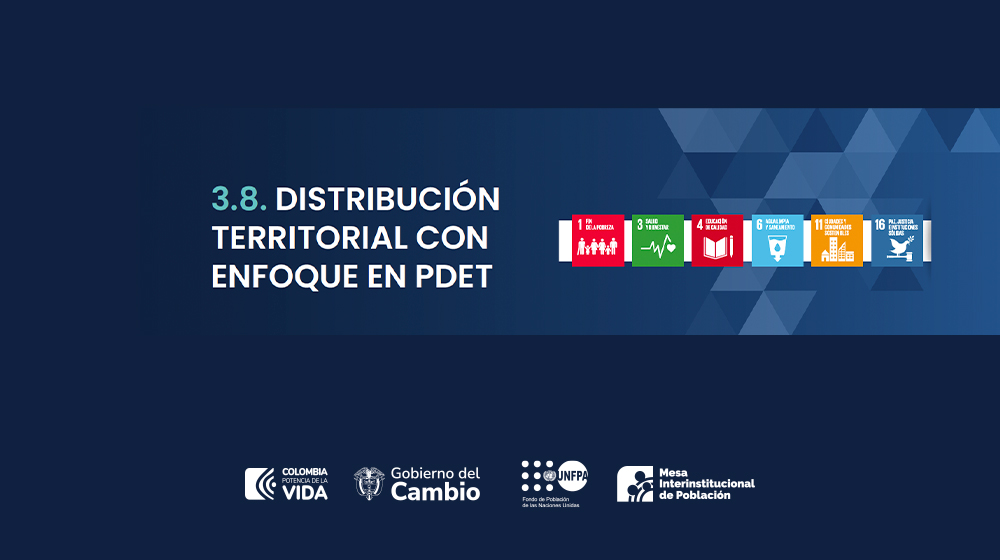 Cuatro logos (ODS, Gobierno, UNFPA  y Mesa Interinstitucional de Población) con título Distribución Territorial con Enfoque PDET
