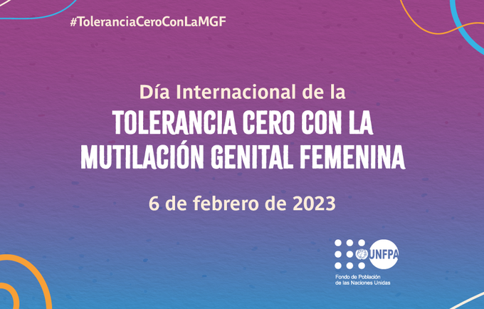 Fondo de colores con el texto Día Internacional de Tolerancia Cero con la Mutilación Genital Femenina