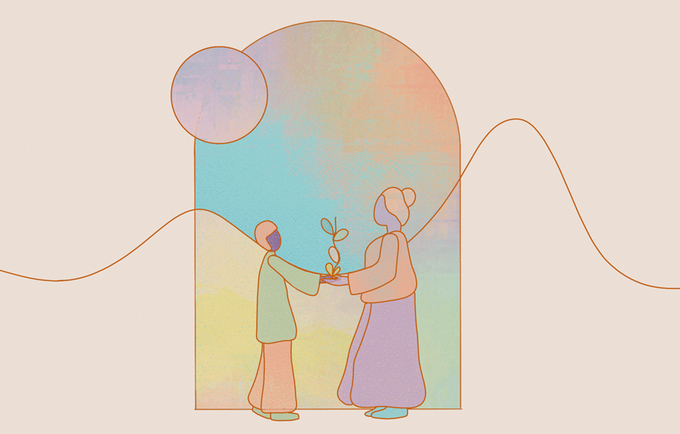 Ilustración de una flor que crece en las manos de dos personas, una de ella mujer adulta y la otra una persona joven 