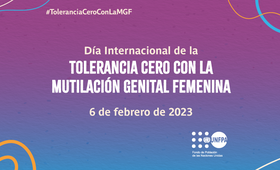 Fondo de colores con el texto Día Internacional de Tolerancia Cero con la Mutilación Genital Femenina