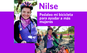 mujer en bicicleta con uniforme morado