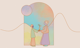 Ilustración de una flor que crece en las manos de dos personas, una de ella mujer adulta y la otra una persona joven 