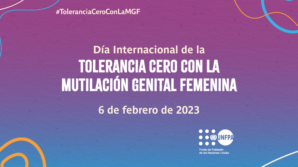 Fondo de colores con el texto Día Internacional de Tolerancia Cero con la Mutilación Genital Femenina