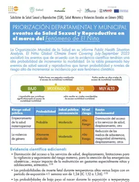 Priorización Departamental y Municipal eventos de Salud Sexual y Reproductiva en el marco del Fenómeno del Niño